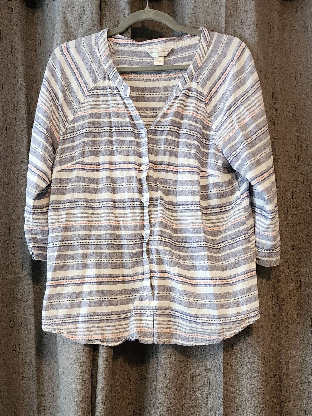 Christopher & Banks Linen Blend Striped 3/4 Sleeve Blouse Top M Boho, Minimalist